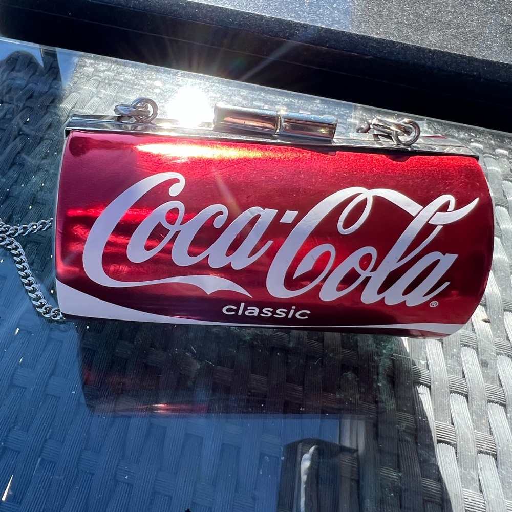 - Coca Cola can purse with silver crossbody chain